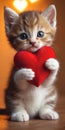 Kitten Holds Red Heart In Paws, Adorable Feline Captured With Symbol of Love