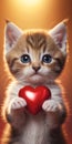 Kitten Holds Red Heart In Paws, Adorable Feline Captured With Symbol of Love