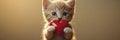 Kitten Holds Red Heart In Paws, Adorable Feline Captured With Symbol of Love