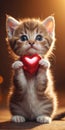 Kitten Holds Red Heart In Paws, Adorable Feline Captured With Symbol of Love