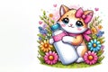 Kitten hugging with a bottle of milk among flowers. Space for text. Royalty Free Stock Photo