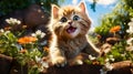 Kitten with its mouth open standing in field of flowers. Generative AI Royalty Free Stock Photo