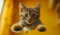 A kitten is jumping out of a window and looking at the camera Royalty Free Stock Photo