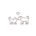 Kitten kisses puppy logo or icon. Friendship of the species. Love and heart. Cat and dog. Pet Shop. Outline contour line vector