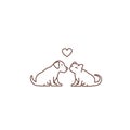 Kitten kisses puppy logo or icon. Friendship of the species. Love and heart. Cat and dog when seated. Outline contour line vector