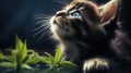 Kitten lies on leaves of hemp. CBD oil is used in veterinary medicine as a sedative and pain reliever. Marijuana pets