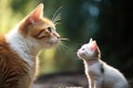 a kitten listening attentively to a mature cat purring Royalty Free Stock Photo