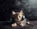 Kitten listens music in headphones. AI generated. Relax