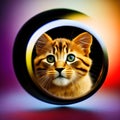 kitten looking at round mirror on table, male lion inside mirror, close up. Generative AI