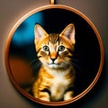 kitten looking at round mirror on table, male lion inside mirror, close up. Generative AI