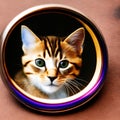 kitten looking at round mirror on table, male lion inside mirror, close up. Generative AI