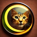 kitten looking at round mirror on table, male lion inside mirror, close up. Generative AI