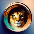 kitten looking at round mirror on table, male lion inside mirror, close up. Generative AI