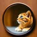 kitten looking at round mirror on table, male lion inside mirror, close up. Generative AI