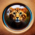 kitten looking at round mirror on table, male lion inside mirror, close up. Generative AI