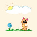 Kitten looks nature flower postcard cartoon illustration