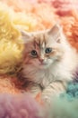 A kitten lying in a pastel-toned fluffy rainbow cloud, bird eye view