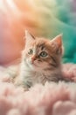 A kitten lying in a pastel-toned fluffy rainbow cloud, bird eye view