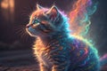 Kitten made from highly detailed curling, thin glowing multi-colored smoke, digital art, volumetric, 3D rendering, Octane render,
