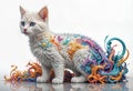 Kitten made from highly detailed curling, thin glowing multi-colored smoke, digital art, volumetric, 3D rendering, Octane render,