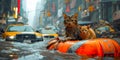 A kitten with a mouse on its makeshift raft, surveys the urban landscape amidst a city flood, encapsulating a moment of calm and