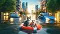 A kitten with a mouse on its makeshift raft, surveys the urban landscape amidst a city flood, encapsulating a moment of calm and