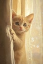Kitten is peeking out from behind a curtain Royalty Free Stock Photo