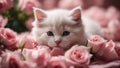 kitten with pink flower A tiny kitten with a coat as soft as silk, snoozing soundly amidst a bed of lush pink roses,