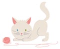 Kitten play with yarn ball. Cute white cat Royalty Free Stock Photo