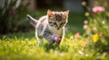 A kitten playing with a ball in the grass. Generative AI image. Royalty Free Stock Photo