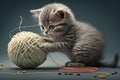 kitten playing with ball of thread, rolling and tangling it Royalty Free Stock Photo