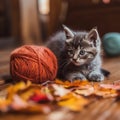 A kitten is playing with a ball of yarn. AI generative image. Royalty Free Stock Photo