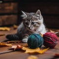 A kitten is playing with a ball of yarn. AI generative image. Royalty Free Stock Photo