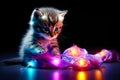 Kitten is playing with string of lights on table. Generative AI Royalty Free Stock Photo