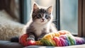 kitten playing with yarn An innocent kitten with fluffy gray and white fur, playfully wrapped in a rainbow colored yarn,