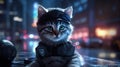 Kitten policeman in uniform with blurred city background.