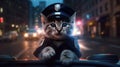 Kitten policeman in uniform with blurred city background.