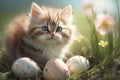 Kitten Posing with Easter Eggs, Adorable Baby Cate Springtime Portrait, Flowers in a Field, Cute Baby Animal Royalty Free Stock Photo