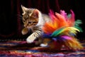 kitten pouncing on a colorful feather toy