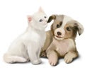 Kitten pulls the puppy by the ear. Watercolor painting Royalty Free Stock Photo