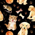 Kitten, puppy and mouse seamless pattern