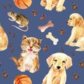 Kitten, puppy and mouse seamless pattern