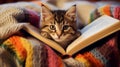 The kitten is reading a book
