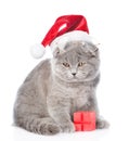 Kitten in red santa hat with gift box. isolated on white Royalty Free Stock Photo