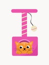 The kitten is resting in the cat tower. A cat tree with a scratching post, a toy and a house where the kitten sits. Pink Royalty Free Stock Photo