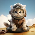 kitten retro airplane pilot in a vintage flying helmet with headphones and glasses or aviator goggles 3d Royalty Free Stock Photo