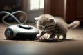 kitten riding robotic vacuum cleaner, chasing after dust bunnies Royalty Free Stock Photo