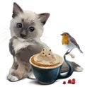 Kitten, Robin bird and Cup of cappuccino