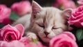 kitten with rose A kitten sleeps deeply amidst bright pink roses