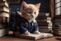 kitten schoolboy with backpack and textbooks Royalty Free Stock Photo
